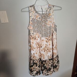 Sleeveless Floral Panel Summer Dress - Peach & Black